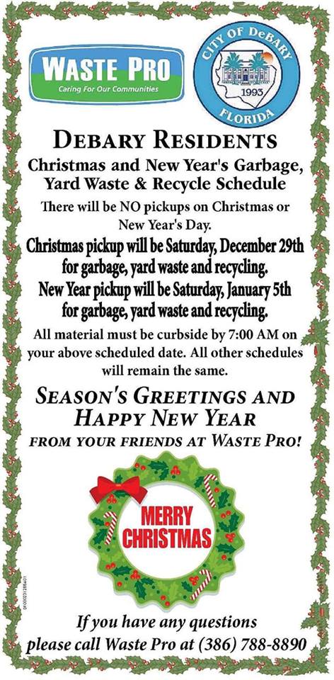 Debary Holiday Garbage Schedule